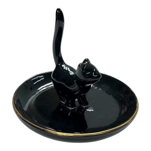 ROSA&ROSE Cat Ring Holder Trinket Tray Ceramic Jewelry Dish Porcelain Ring Organizer–Gift for Women,Girlfriend,Wife,Birthday or Anniversary (Black) - color: Black