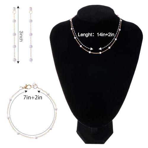 Gold Jewelry Set for Women Dainty 14K Gold Plated Pearl Choker Necklace Drop Earrings Bracelet Wedding Bride Graduation Gift