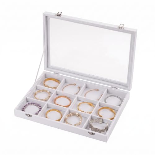 Frebeauty 12 Grid Bracelet Holder Box,Velvet Jewelry Tray with Clear Lid - color: White, size: 12 Grid