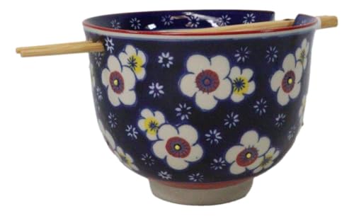 Ebros Gift Artistic Donburi Ramen Udon Noodles Soup Salad 5" D 18Oz Bowl With Bamboo Chopsticks And Built In Rest Set Asian Dining Kitchen Accent (Blue Midnight Ume Plum Blossoms) - color: Blue Midnight Ume Plum Blossoms