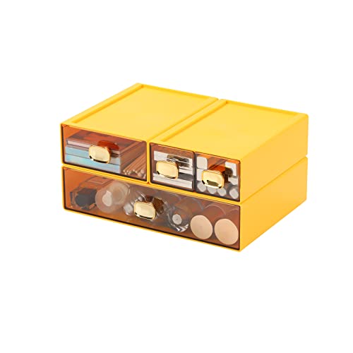Desktop Storage Drawers, Stackable Countertop Organizer with Drawers - color: 4 Mixed Drawers, Yellow