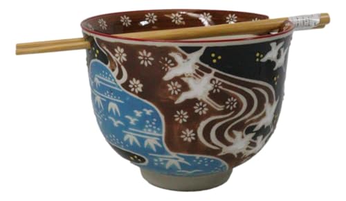 Ebros Gift Artistic Donburi Ramen Udon Noodles Soup Salad 5" D 18Oz Bowl With Bamboo Chopsticks And Built In Rest Set Asian Dining Kitchen Accent (White Japanese Cranes) - color: White Japanese Cranes