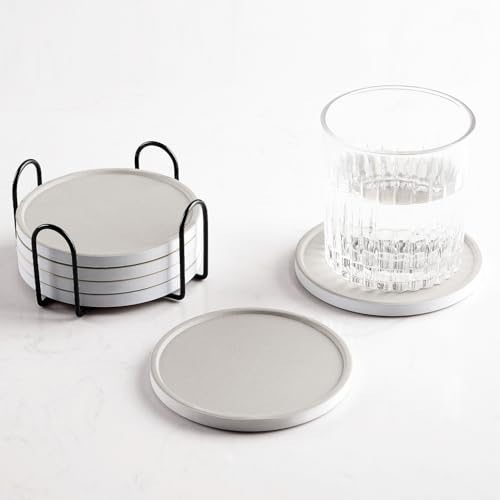 Set of 6 Warm Gray Coasters with Holder, Absorbent Ceramic Drink Coasters with Cork Backing for Table Protection, Table Decor, Housewarming Gifts - color: Warm Gray