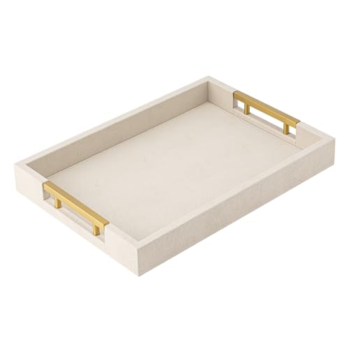Beige Faux Leather Serving Tray with Handles – Large Decorative Tray for Coffee Table, Ottoman, Living Room, Bathroom – Home Decor - color: Beige, size: 20" x 14" x 2"