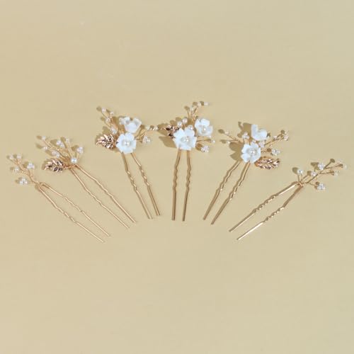 Handmade Pearl Bridal Wedding Hair Pins 6Pcs White Ceramic Flowers Gold Leaf Pearls Clips Wedding Hair Accessories for Women Brides Bridesmaid (Gold) - color: Gold