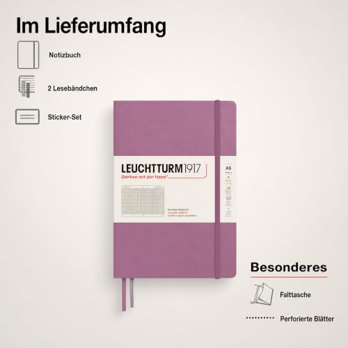 LEUCHTTURM1917 - Notebook Hardcover Medium A5-251 Numbered Pages for Writing and Journaling - Thinking Ahead (Squared Paper, Dusty Rose) - color: Dusty Rose, style: Squared