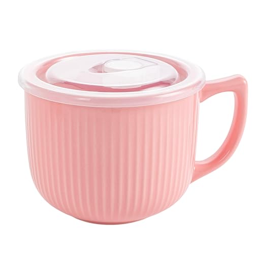 Ceramic Soup Bowl with Handle & Lid, Large 32oz Microwave Ramen Bowl Pink - color: Pink-32, size: 32 OZ