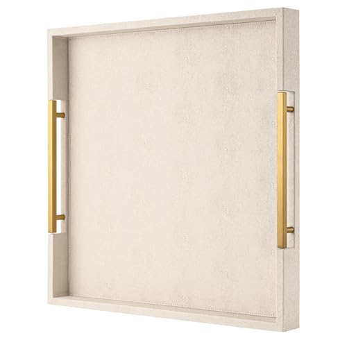 Beige Faux Leather Serving Tray with Handles – Large Decorative Tray for Coffee Table, Ottoman, Living Room, Bathroom – Home Decor - color: Beige, size: 20" x 20" x 2"