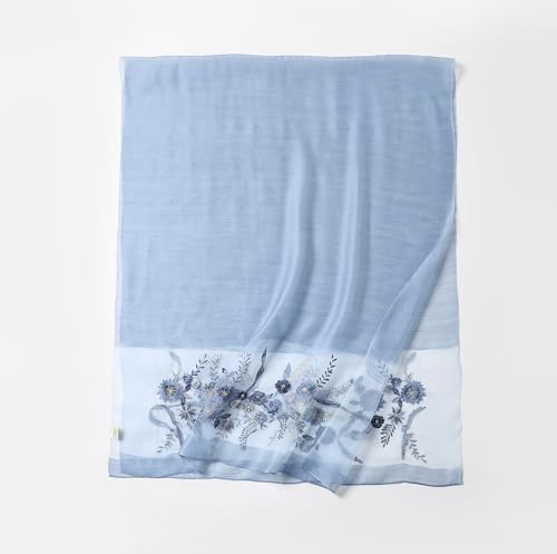 Jeelow Long Silk Blend Embroidered Floral Shawl Scarf Wrap for Women - color: Blue Floral