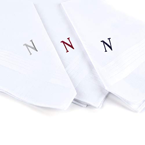 Initial Handkerchief for Men, Monogrammed Boxed 3 Piece Set,100% Cotton - color: N Initial