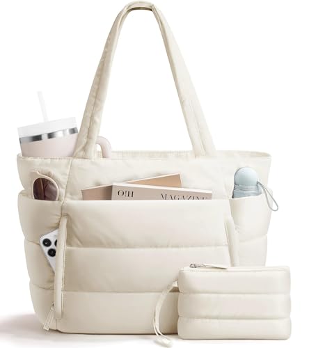 Bagstellar Puffer Tote Bag for Women, Lightweight Puffy Travel Gym Work Bag - color: Cream