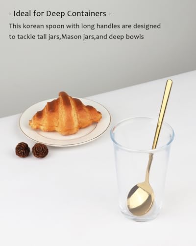 Korean Soup Spoons with Long Handles: 18/10 Stainless Steel 7.67'' Large Round Soup Spoons,4 Pack Asian Metal Dinner Spoon Set with Round Edge for Coffee,Desserts,Dishwasher Safe - size: 7.67 inch gold