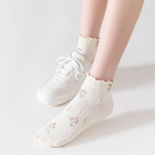 Women‘s Ruffle Ankle Socks,Vintage Patterned,Short Casual Dress Sock,Cute Princess Lettuce Floral Socks 6 Pack - color: 6pairs(pink,white,grey)