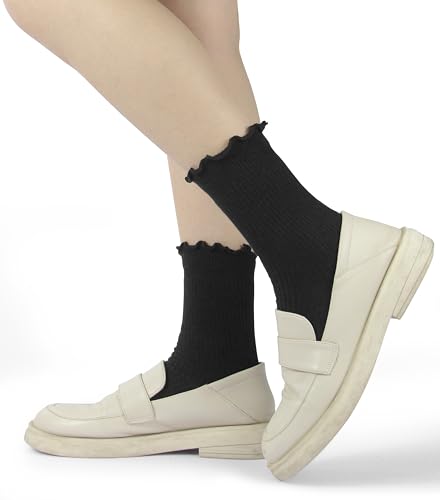 BomKinta Ruffle Socks Women Turn-Cuff Frilly Sock Cotton Crew Socks - color: All Black