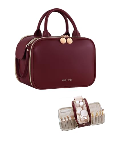 Prite Large Makeup Bag, Waterproof Travel Cosmetic Case with Brush Holder - color: Burgundy, size: Large