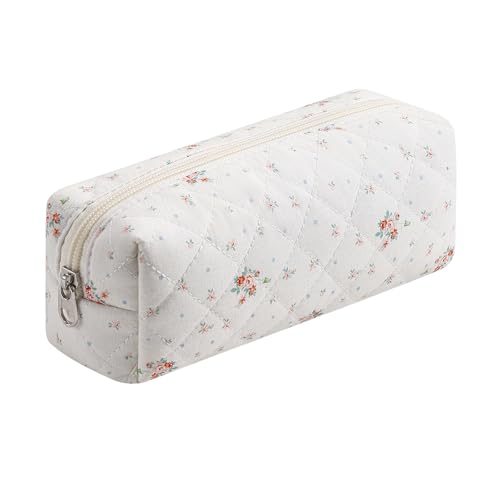 Cute Floral Cotton Makeup Brush Cosmetic Bag for Women, Travel Quilted Zipper Make Up Bag, Flowers Toiletry Organizer Case Kawaii Makeup Cosmetic Travel Cloth Pouch (White Small Flower) - color: 11 White Small Flower
