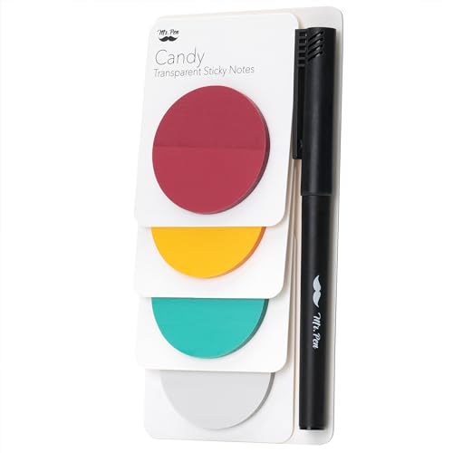 Mr. Pen- Round Transparent Sticky Notes, 1.8”, 4 Pads with Black Fineliner - color: Candy, size: 200 Sheets