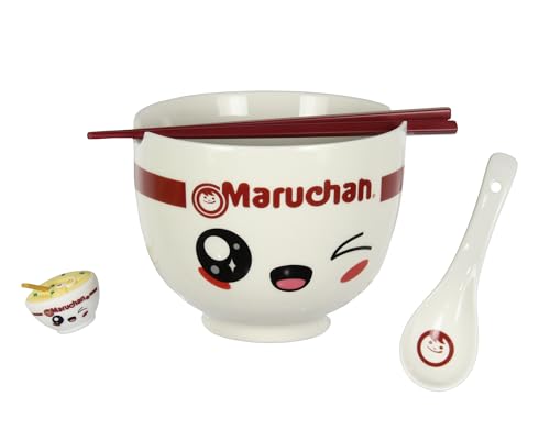 Seven Times Six Maruchan Ramen Kawaii Face Instant Lunch 4 Piece Noodle Ramen Bowl Set w Bowl, Spoon, Chopsticks, and Chopstick Holder