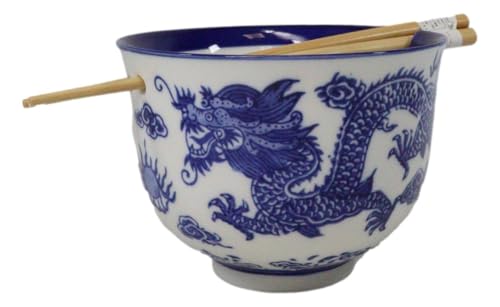 Ebros Gift Artistic Donburi Ramen Udon Noodles Soup Salad 5" D 18Oz Bowl With Bamboo Chopsticks And Built In Rest Set Asian Dining Kitchen Accent (Blue And White Oriental Ryu Dragon King) - color: Blue And White Oriental Ryu Dragon King