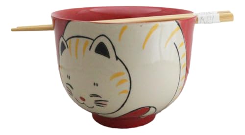 Ebros Gift Artistic Donburi Ramen Udon Noodles Soup Salad 5" D 18Oz Bowl With Bamboo Chopsticks And Built In Rest Set Asian Dining Kitchen Accent (Red Chubby Kitty Cat) - color: Red Chubby Kitty Cat