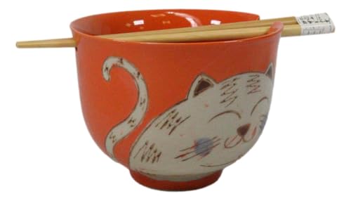 Ebros Gift Artistic Donburi Ramen Udon Noodles Soup Salad 5" D 18Oz Bowl With Bamboo Chopsticks And Built In Rest Set Asian Dining Kitchen Accent (Orange Chubby Kitty Cat) - color: Orange Chubby Kitty Cat