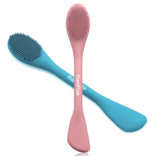 RamPula Pore Brush & Face Mask Applicator, Lymphatic Drainage Brush | Face Scrubber, Silicone Jelly Brush for Deep Pore Cleansing, Face Brush for Lymphatic Drainage Massager, Applicator for Mud, Clay - color: Blue and Bean Paste Pink