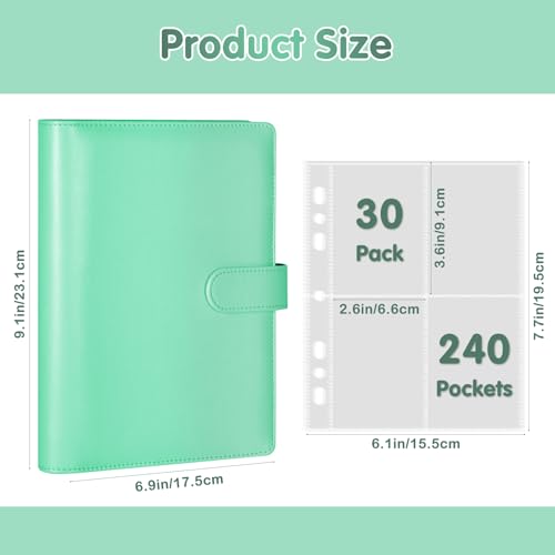 WITHYU A5 Card Collector with 30 Pack 4-Pocket Pages, 6 Ring Binder Album with 240 Card Slots, PU Leather Binder Cover with Magnetic Buckle Closure (Green) - color: Green