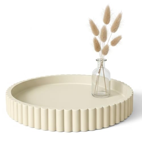 Round Solid Concrete Tray, Fluted Centerpiece for Coffee Table Decor 13" - color: Cream