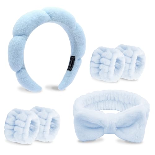 Blue Skincare Bubble headband and wristband set for Face Washing - color: Blue