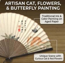 Japanese Style Folding Hand Fan for Women with Fabric Sleeve & Tassel, Handcrafted Bamboo Accessory with Butterfly, Floral & Cat Painting, Portable Cooling Tool for Gifts, Dance, Wedding - color: Butterfly, Floral & Cat