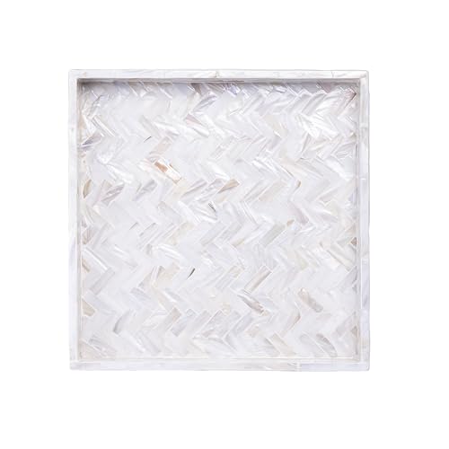 PEMAR 11" Square Mother of Pearl Decorative Tray - Herringbone Shell - color: Creamy White Herringbone