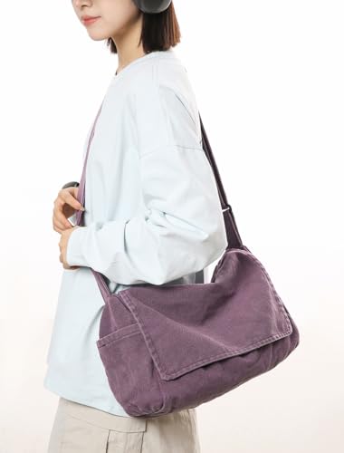 Messenger Bag for Women Men Satchel Bag Canvas Crossbody Shoulder Bag Casual Sling Bag - color: Purple
