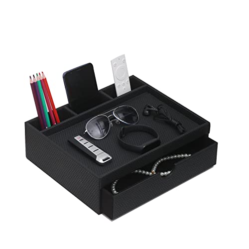 Leather Desk Organizer With Drawers, Home Cosmetics Organizer, Phone Remote Organizer, Drawer Plus Divider & Tray (black) - color: black