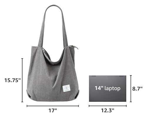 KALIDI Women Corduroy Tote Bag Zipper Casual Tote's Handbag Big Capacity Shoulder Bag with Pockets - color: Grey01