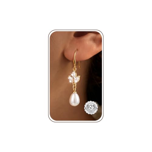 Pearl Earrings for Women,14K Gold/Silver Plated Dangle Drop Earrings - color: white