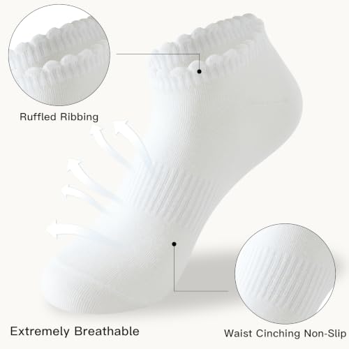 No Show Socks Womens Low Cut Non Slip Ruffle Ankle Socks 6 Pairs - color: （6 Pairs）white