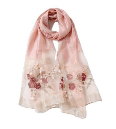 Jeelow Long Silk Blend Embroidered Floral Shawl Scarf Wrap for Women - color: Pink Embroidery