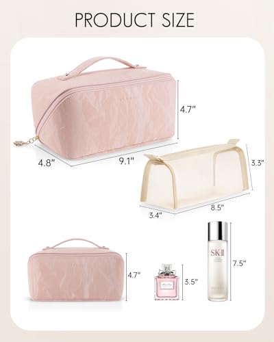 VLANDO Makeup Bag,Travel Toiletry Bag,Cosmetic Bag for Women PU Leather Portable Make up Bag for Skincare, Brushes & Travel Essentials-Sand Pink - color: 09-Sand Pink