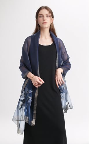 Jeelow Long Silk Blend Embroidered Floral Shawl Scarf Wrap for Women - color: Navy Flowers