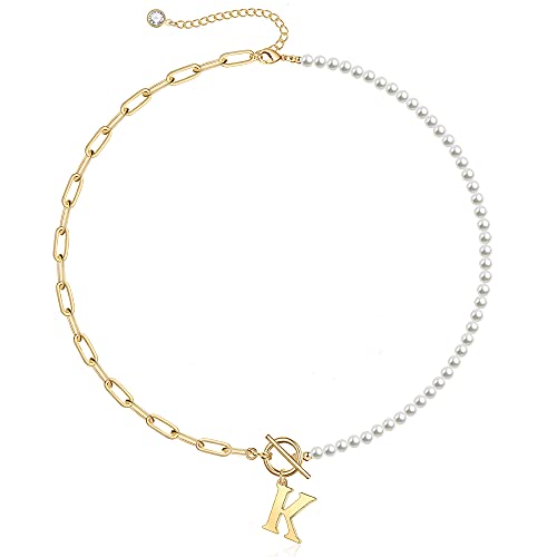 Yoosteel Pearl Initial Necklace for Women, Dainty Pearl Chain Choker Initial Necklaces for Women Toggle Clasp Paperclip Link Chain Necklace Jewelry Gifts - color: Gold, style: K