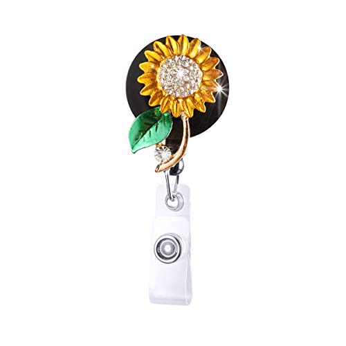 Crystal Badge Reel Retractable ID Holder with Bling Sunflower Design - color: Sunflower