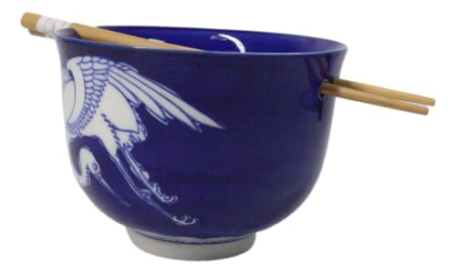 Ebros Gift Artistic Donburi Ramen Udon Noodles Soup Salad 5" D 18Oz Bowl With Bamboo Chopsticks And Built In Rest Set Asian Dining Kitchen Accent (Blue And White Japanese Crane) - color: Blue And White Japanese Crane