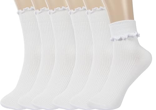 BomKinta Ruffle Socks Women Turn-Cuff Frilly Sock Cotton Crew Socks - color: All White