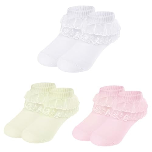 3 Pairs Baby Girl Socks Ruffle Sock Lace Frilly Socks for Newborn Infant Toddler 1-2 Years - color: White, Pink, Yellow