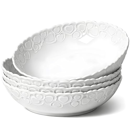 HOMBENE Heartbeat Pasta Bowls Set of 4, 28oz Salad Bowls Soup Bowl for Kitchen, Porcelain Wide and Shallow, Noodle, Soup, Pasta,Dinner, Microwave & Dishwasher Safe (White) - color: White, size: 28oz