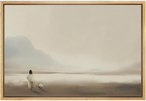 MUDECOR Framed Canvas Print Wall Art Wanderer and Sheep in Fog Tranquil Neutral Landscape Illustrations Fine Art Decorative Zen Multicolor Country/Farmhouse Retro for Bedroom - 24"x36" Natural - color: A03-2502-m06, size: 36"L x 24"W