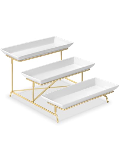 3 Tiered Serving Tray, 14 Inch Porcelain Serving Platters, Gold - color: Gold, size: 15" x 13" x 9"