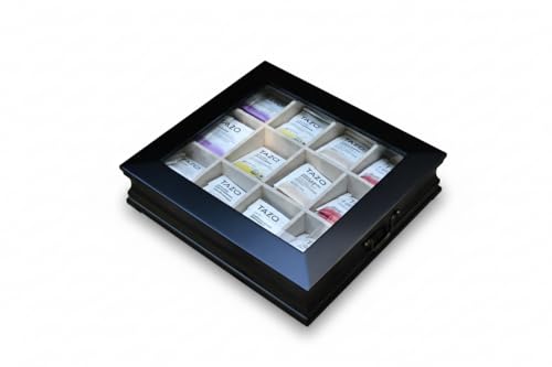 Tea Chest 12 Compartments Tea Bag Large Storage Box with Beveled Glass Lid
