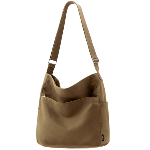 KALIDI Canvas Tote Bag Zipper Large Crossbody Shoulder Bag Messenger Bag - color: Abrown