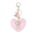 Initial Letter Heart Pom Pom Keychain for Women Pink Soft Fluffy Ball Key Ring for Purse Backpack Handbag - color: E